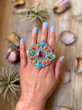 Load image into Gallery viewer, Mosaic Cluster Ring – Sterling Silver – Sonoran Mountain, Blue Ridge Turquoise &amp; Spiny Oyster – Size 9 – Artist Shay Pfeiffer