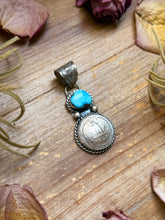 Load image into Gallery viewer, Sterling Silver Coin &amp; Golden Hill Turquoise Pendant – Artist Gilbert Nez