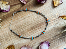 Load image into Gallery viewer, Sterling Silver Pearl Necklace with Orange Spiny Oyster &amp; Sleeping Beauty Turquoise Chips – 14.5”