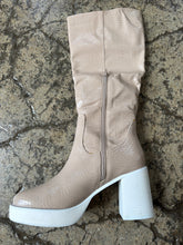Load image into Gallery viewer, Juniper Knee High Snakeprint Nude Platform Heels
