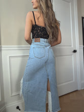 Load image into Gallery viewer, Harper Heavily Distressed Denim Maxi Skirt