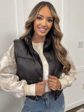 Load image into Gallery viewer, Cropped Black PU Faux Leather Puffer Vest